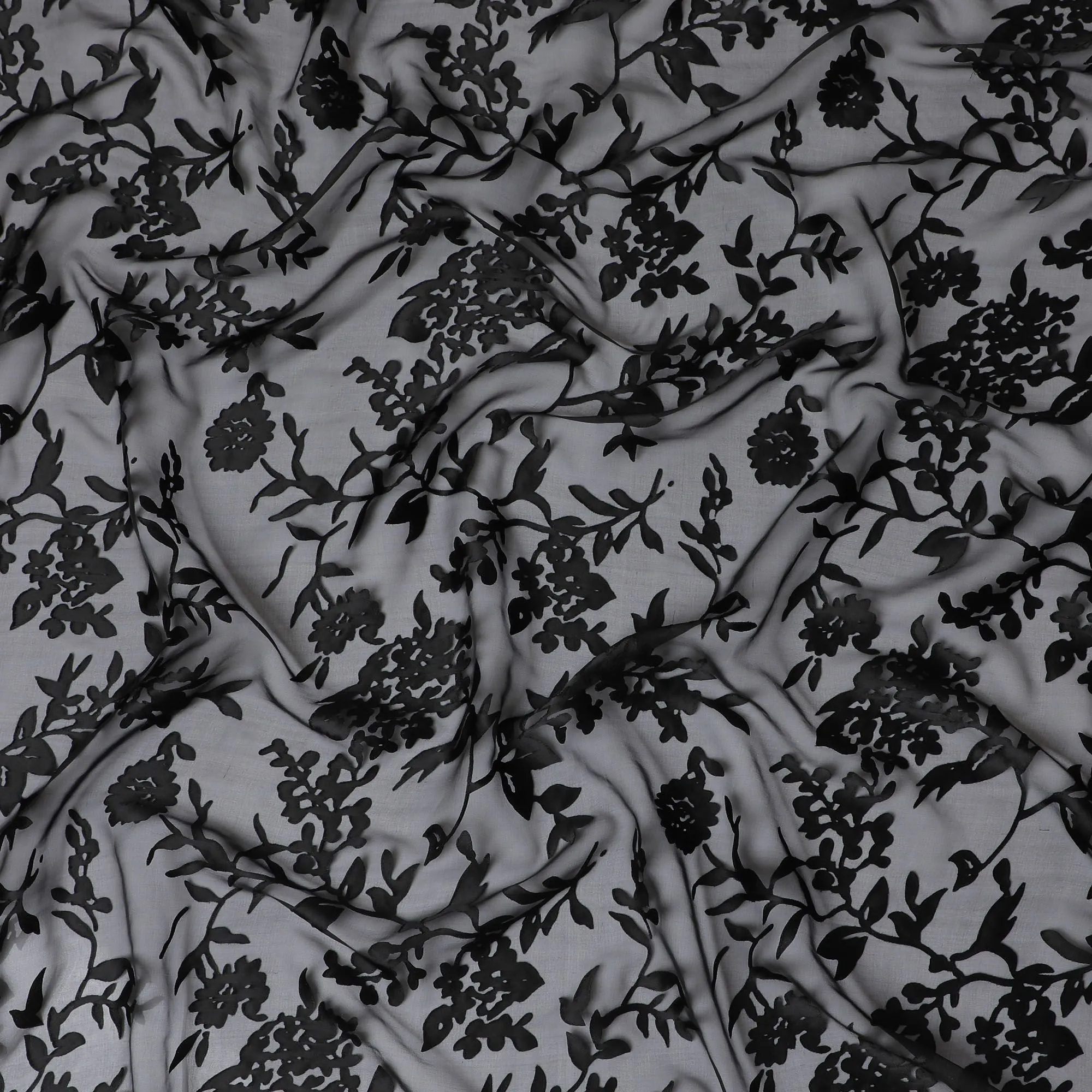 Sophisticated Black Floral Premium pure silk Jacquard Chiffon Fabric, 110cm - South Korean Luxury Textile-D17666