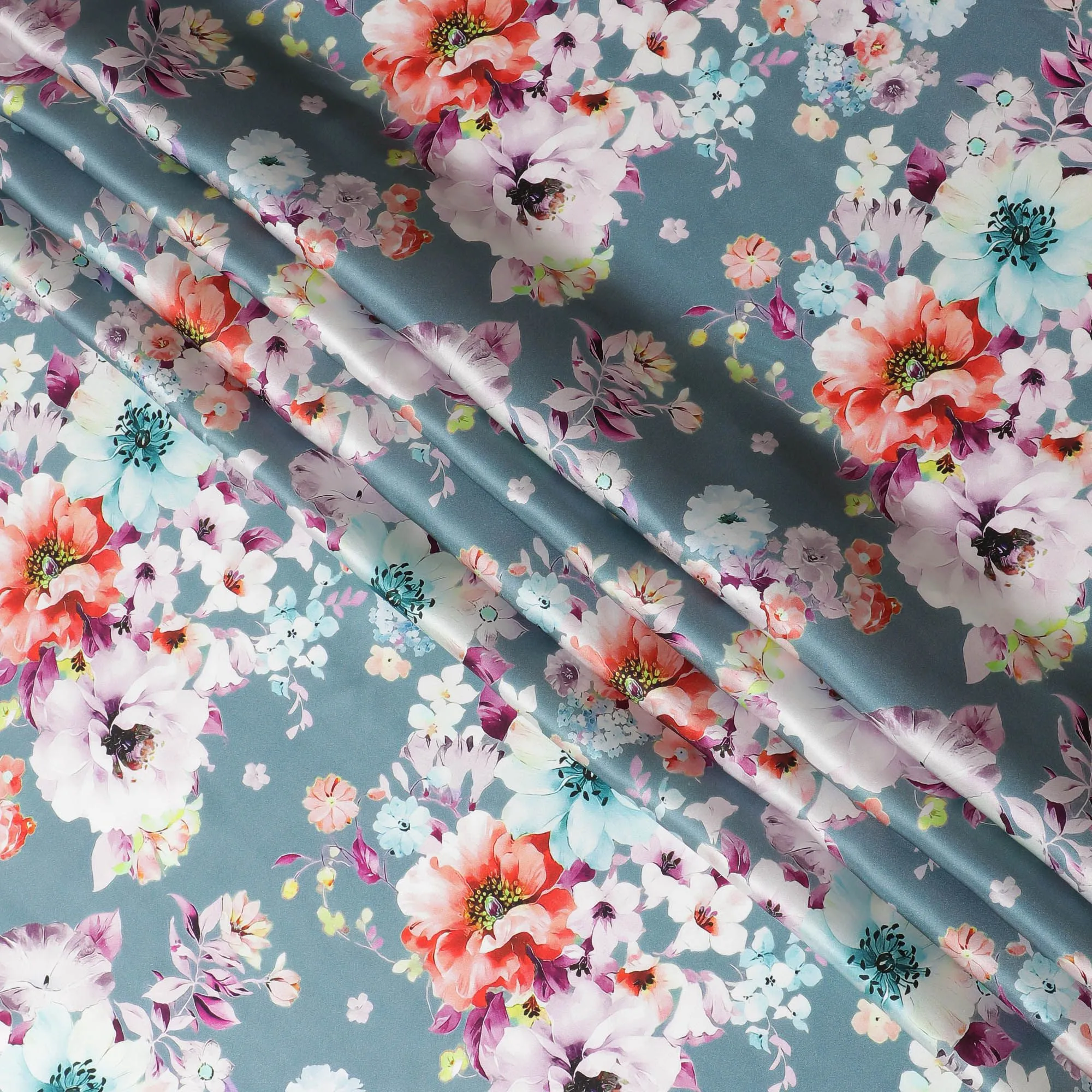 Sophisticated Dusty Blue Italian Pure Silk Satin Fabric with Vivid Floral Print, 140cm Wide - Timeless Fashion Canvas-D18710