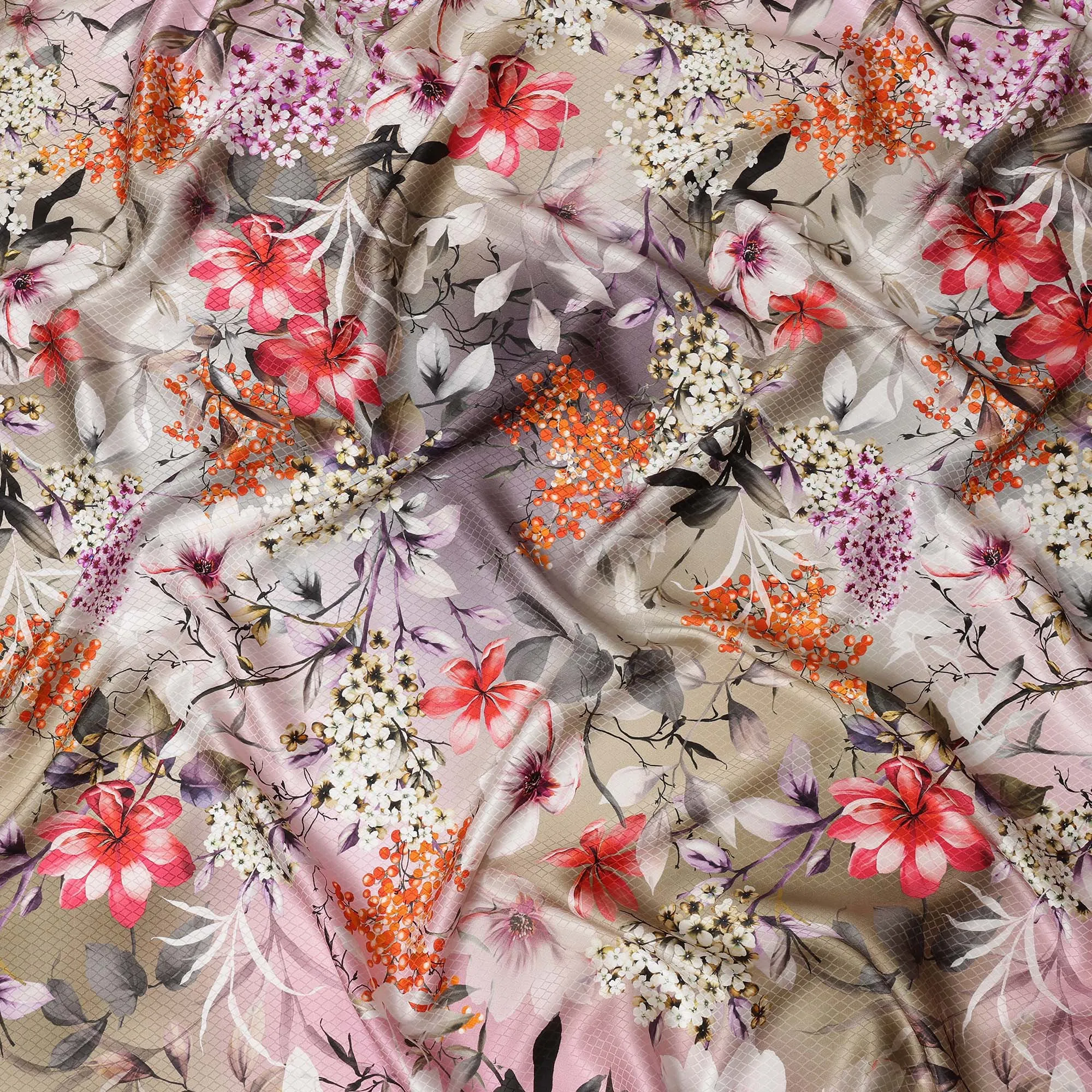 South Korean Silk Satin Jacquard Fabric with Vibrant Floral Design on Soft Beige Background – 150 cm Width-D20342