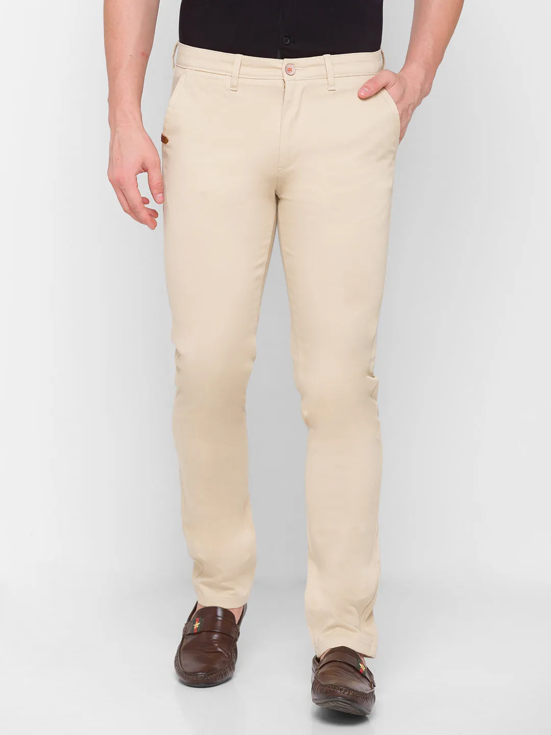 Spykar Men Beige Solid Slim Mid-Rise Trouser