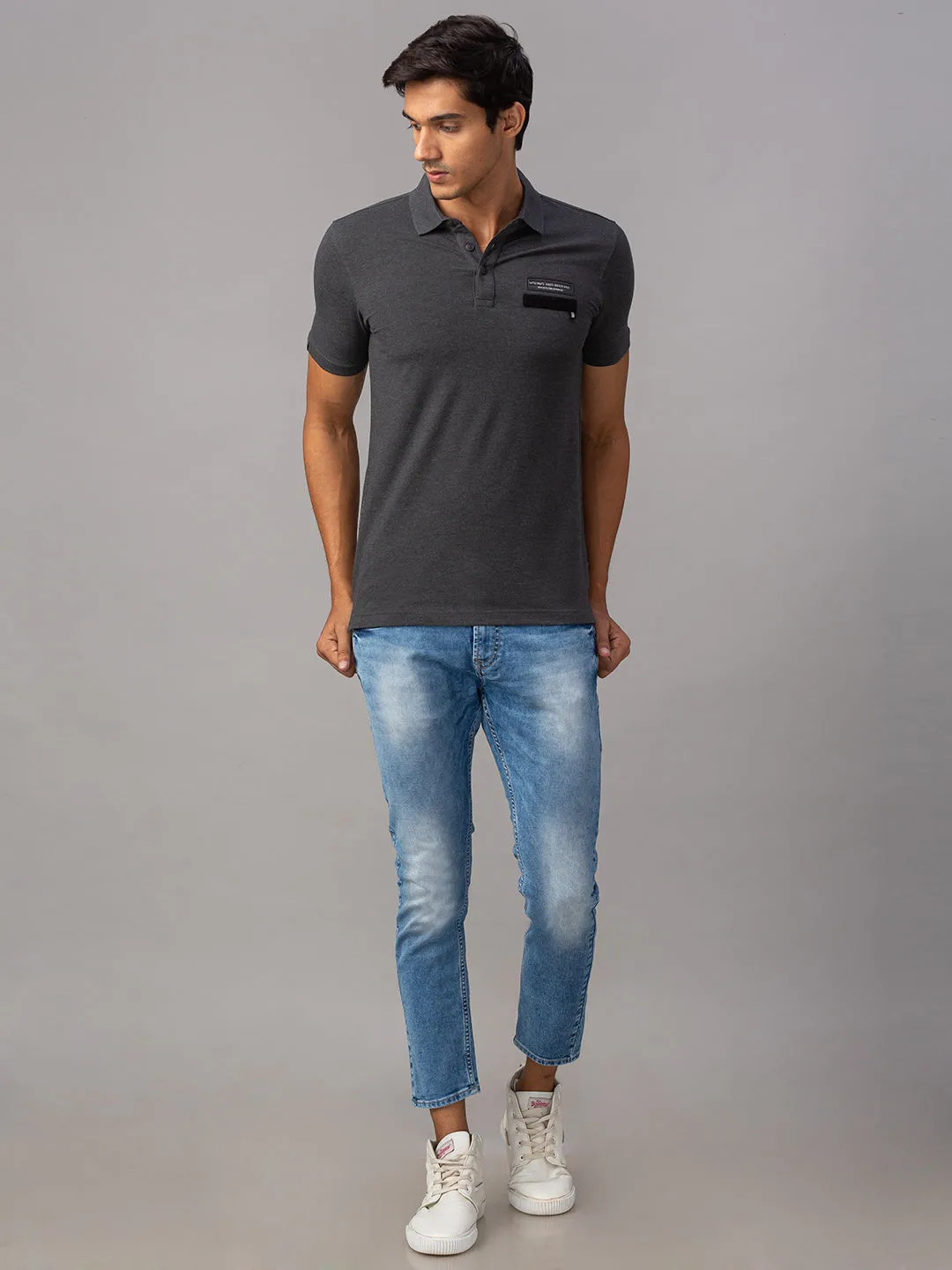 Spykar Men Grey Cotton Printed Half Sleeve Polo Tshirt