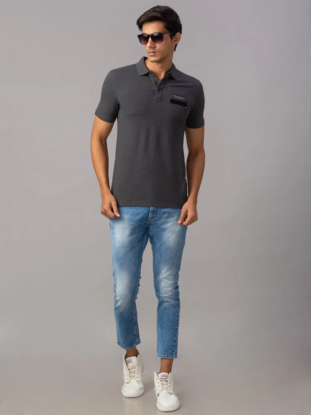 Spykar Men Grey Cotton Printed Half Sleeve Polo Tshirt