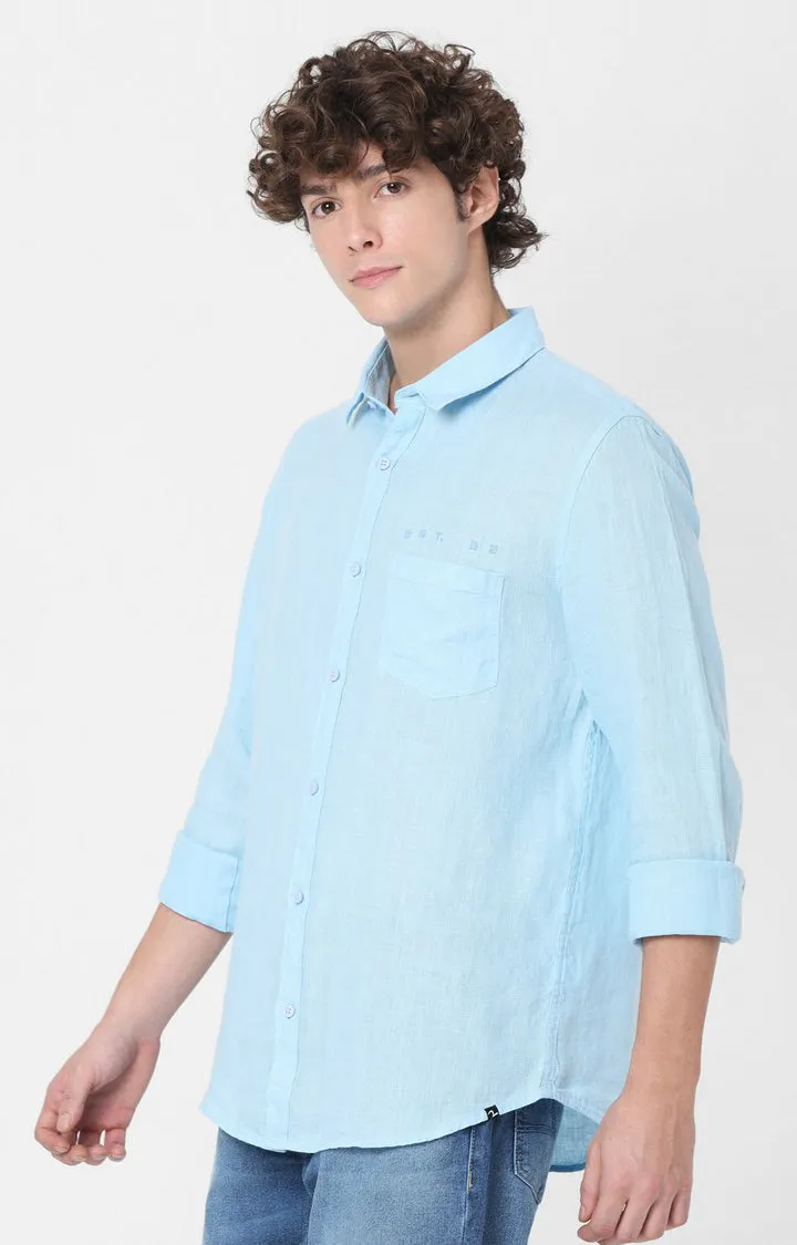 Spykar Slim Fit Blue Plain Full Sleeve Shirts For Men