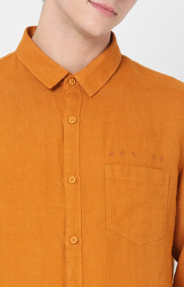 Spykar Slim Fit Orange Plain Full Sleeve Shirts For Men