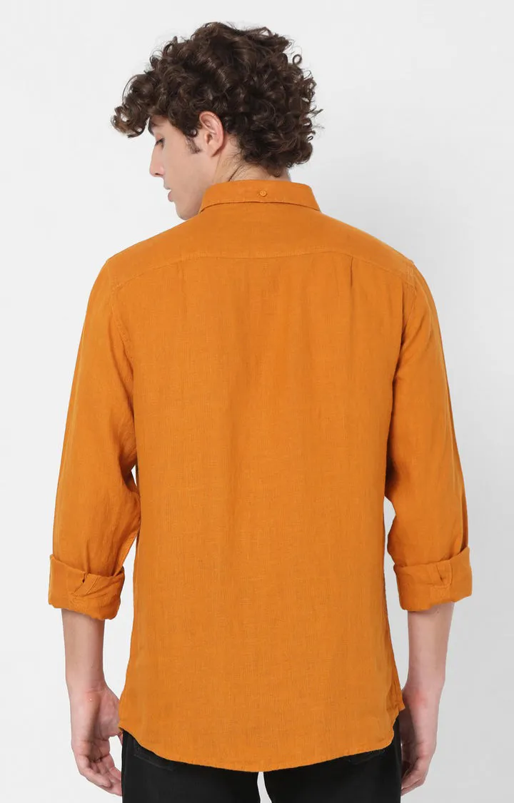 Spykar Slim Fit Orange Plain Full Sleeve Shirts For Men