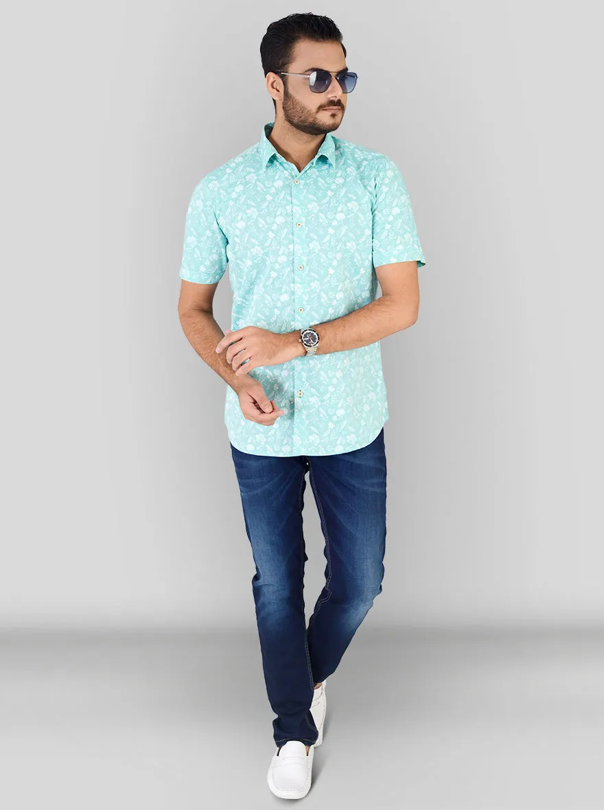 Water Green Printed Slim Fit Casual Shirt | JadeBlue