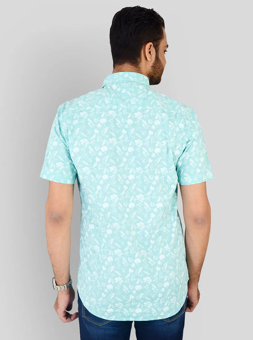 Water Green Printed Slim Fit Casual Shirt | JadeBlue