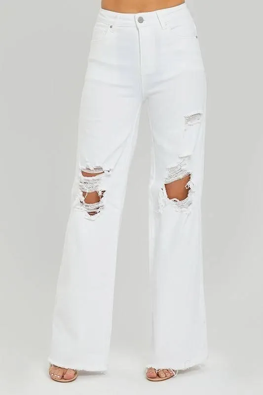 White Risen High Rise Distressed Wide Leg Denims