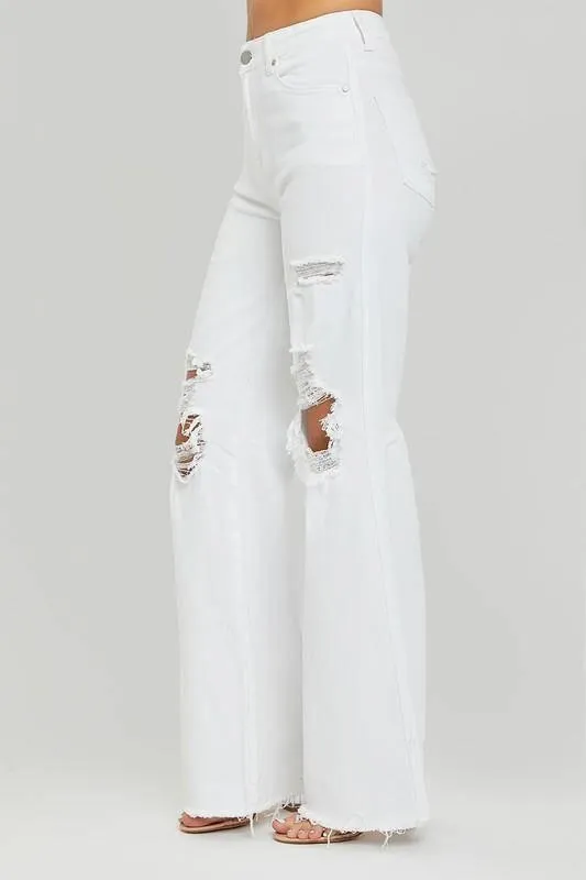 White Risen High Rise Distressed Wide Leg Denims