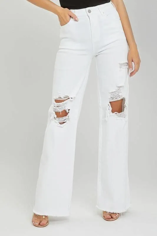 White Risen High Rise Distressed Wide Leg Denims