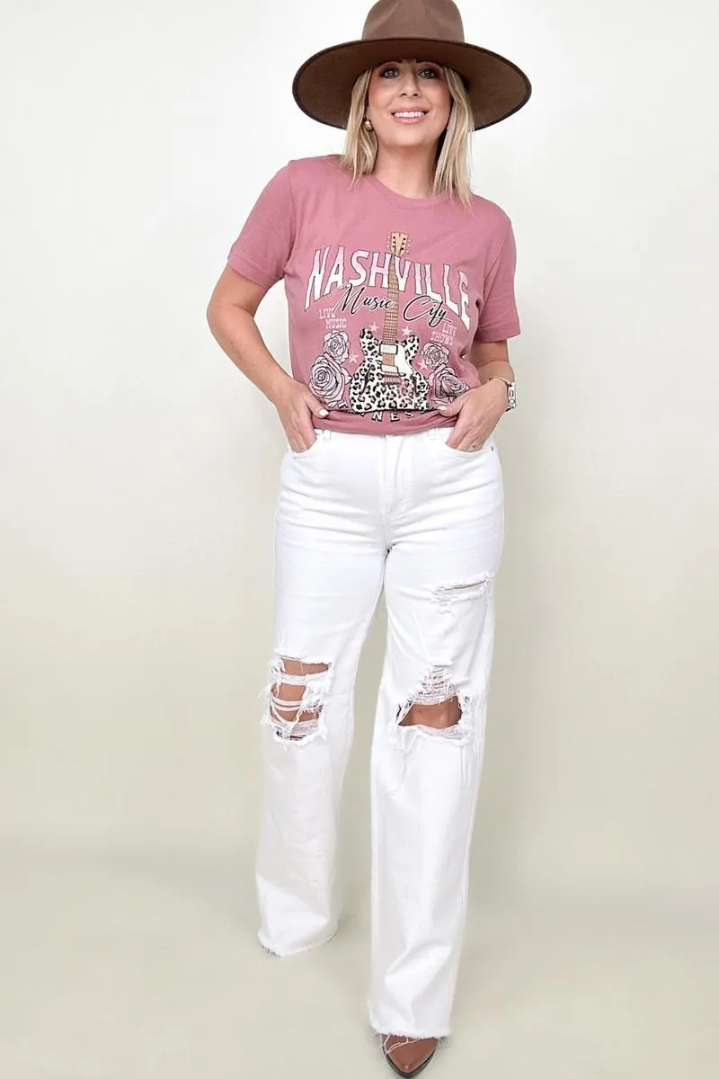 White Risen High Rise Distressed Wide Leg Denims