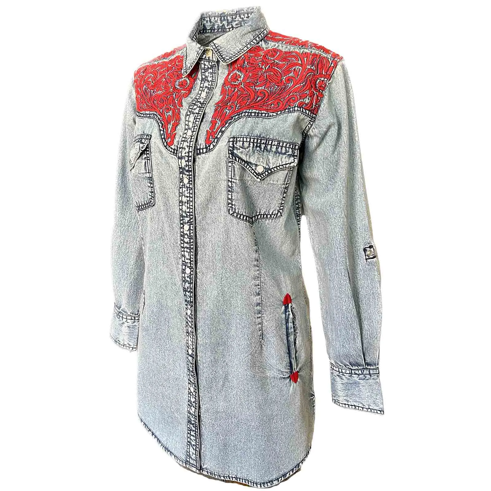 Women's Denim & Red Tooling Embroidered Western Dress