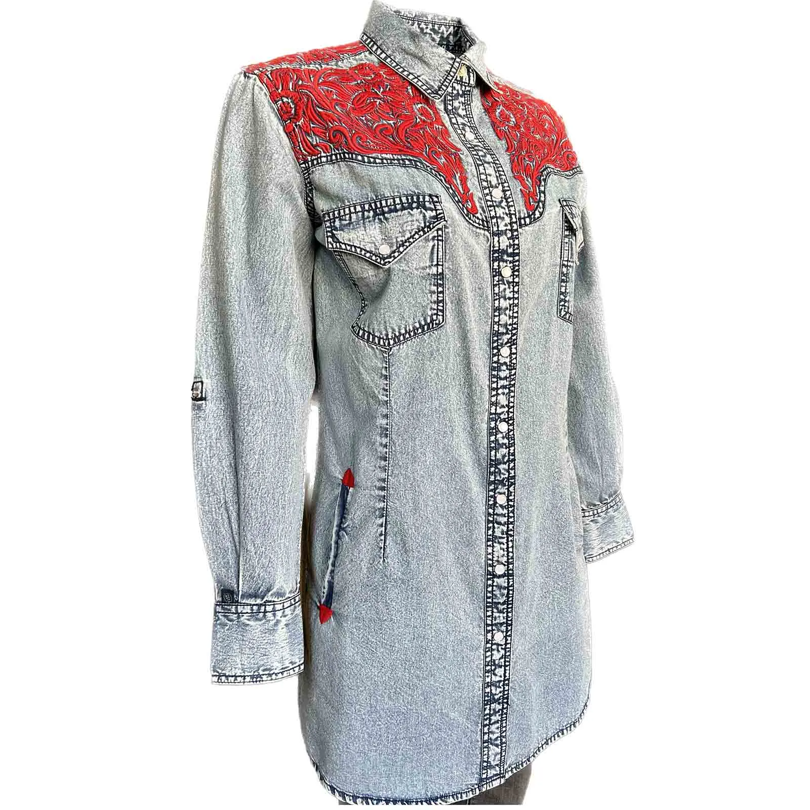 Women's Denim & Red Tooling Embroidered Western Dress