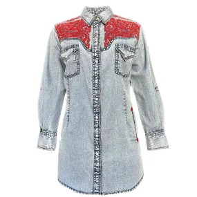 Women's Denim & Red Tooling Embroidered Western Dress