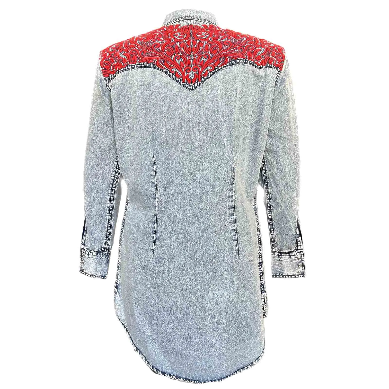 Women's Denim & Red Tooling Embroidered Western Dress