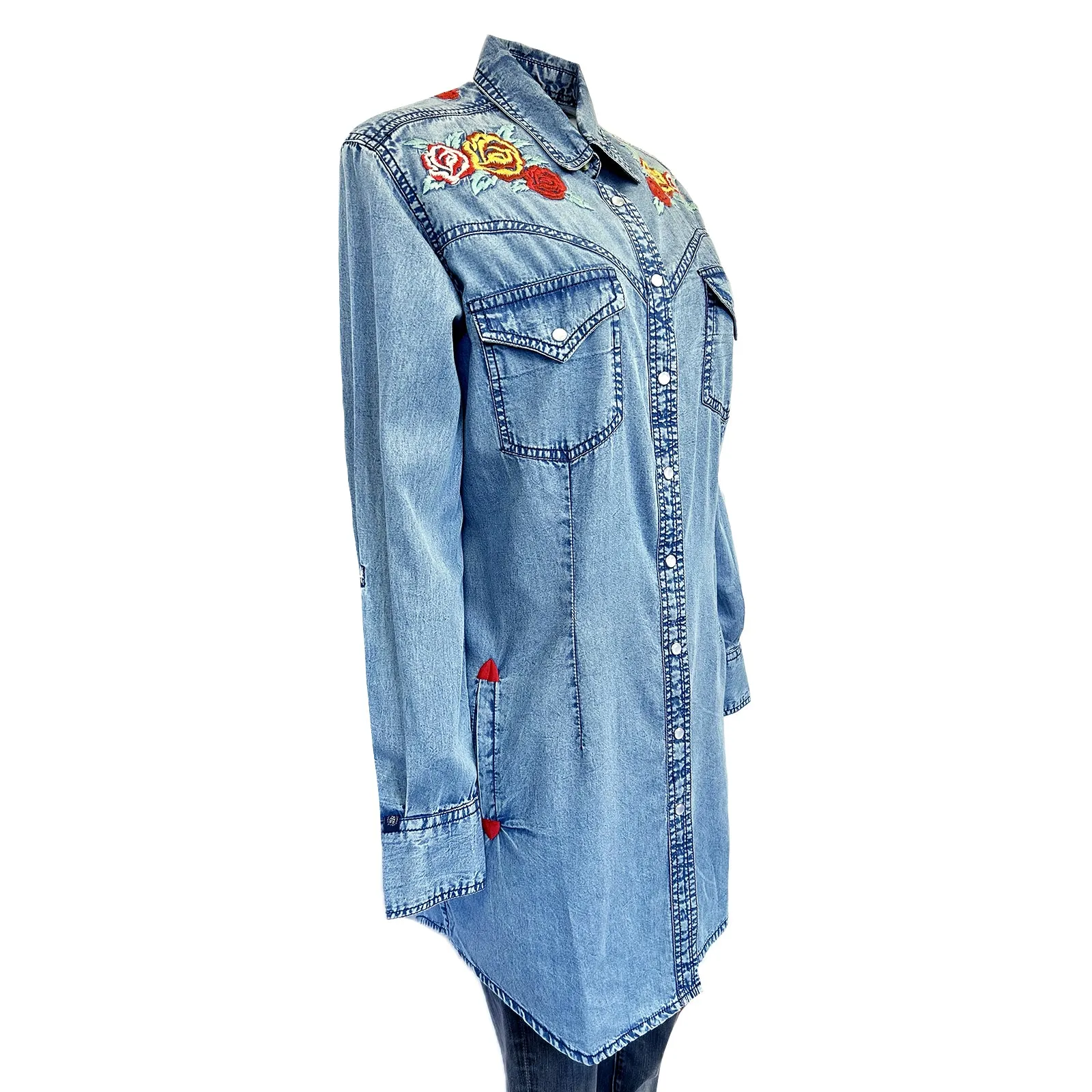 Women's Denim Western Shirt Dress with Floral Embroidery