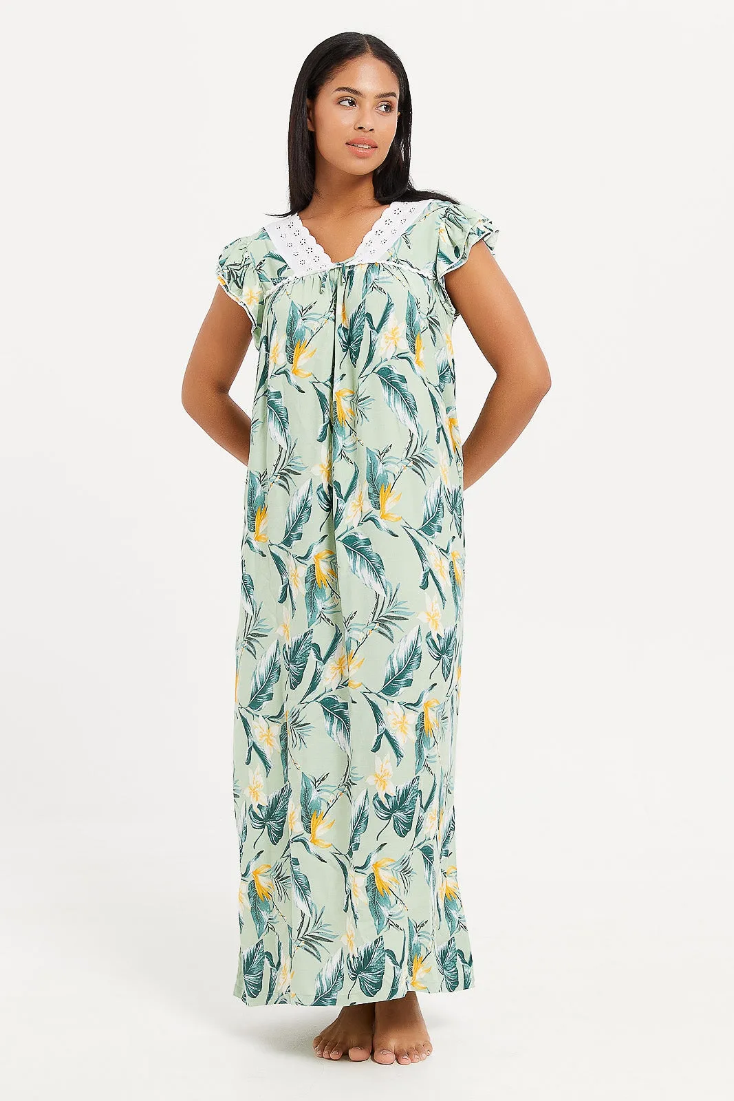 Womens Green Printed Nightgown