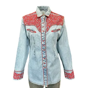 Women's Vintage Tooling Embroidery Denim & Red Western Shirt